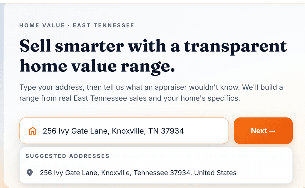 The Sell Smarter address step: a search box reading '256 Ivy Gate Lane, Knoxville, TN 37934' with a Next button, under the heading 'Sell smarter with a transparent home value range.'