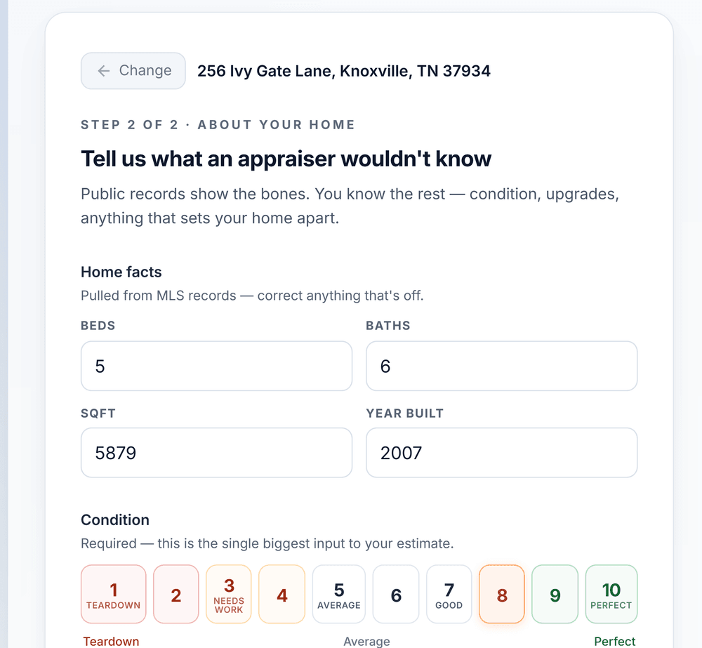The condition step: pre-filled home facts (beds, baths, square footage, year built) and a 1-to-10 condition scale from Teardown to Perfect, with 8 (Good) selected.