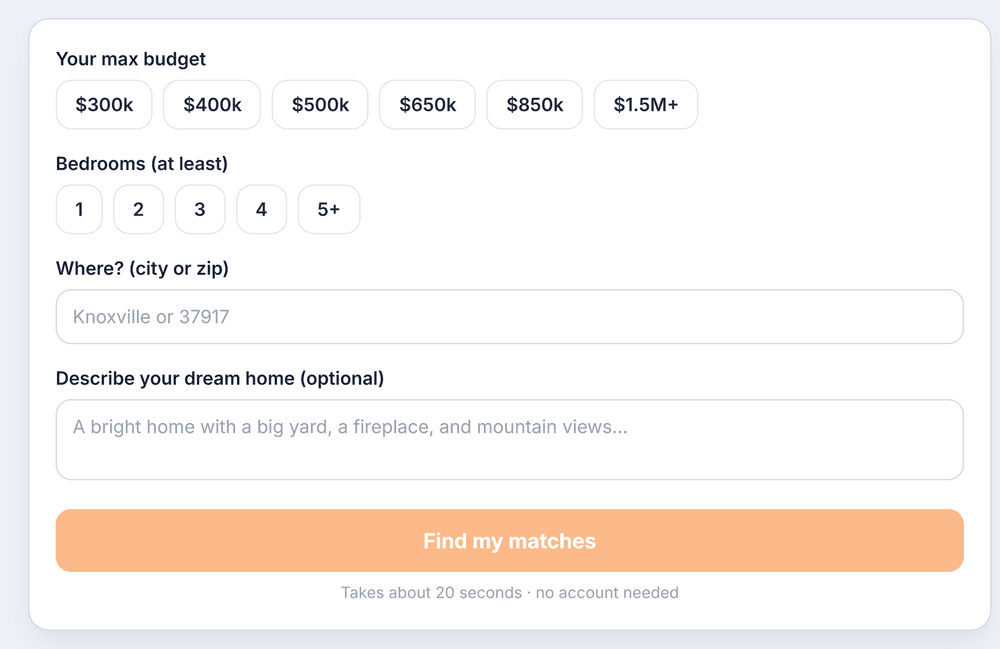 Smart Match essentials form: max budget, minimum bedrooms, a city-or-zip field, and an optional dream-home description, above a Find my matches button.
